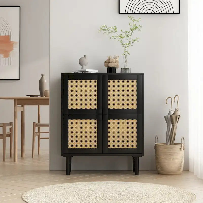 4-Door Rattan Mesh Shoe Cabinet with Solid Wood Legs