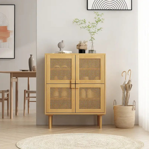 Modern Sideboard 4-Doors Rattan Mesh Storage Cabinet