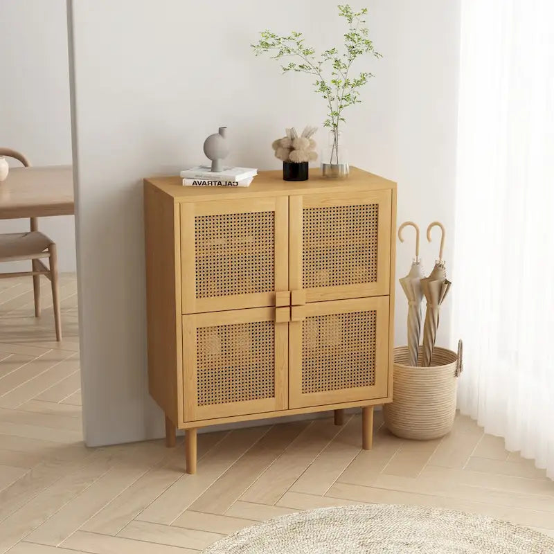 4-Door Rattan Mesh Shoe Cabinet with Solid Wood Legs