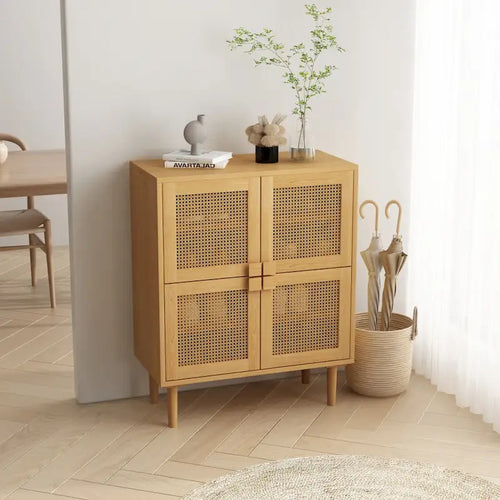 4-Door Rattan Mesh Shoe Cabinet with Solid Wood Legs