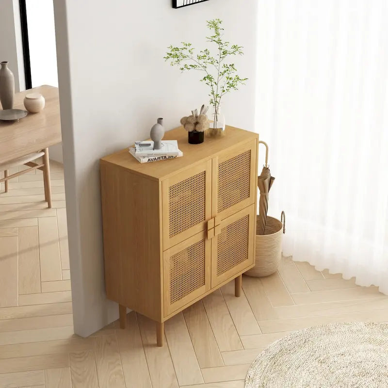 4-Door Rattan Mesh Shoe Cabinet with Solid Wood Legs