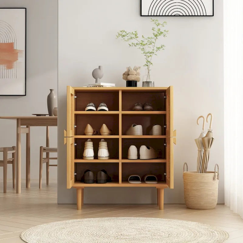 4-Door Rattan Mesh Shoe Cabinet with Solid Wood Legs