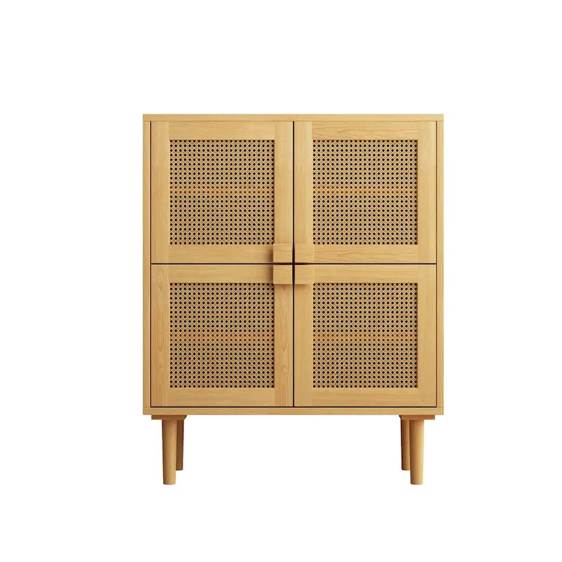 4-Door Rattan Mesh Shoe Cabinet with Solid Wood Legs