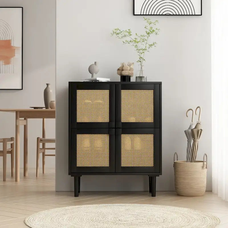 4-Door Rattan Mesh Shoe Cabinet with Solid Wood Legs