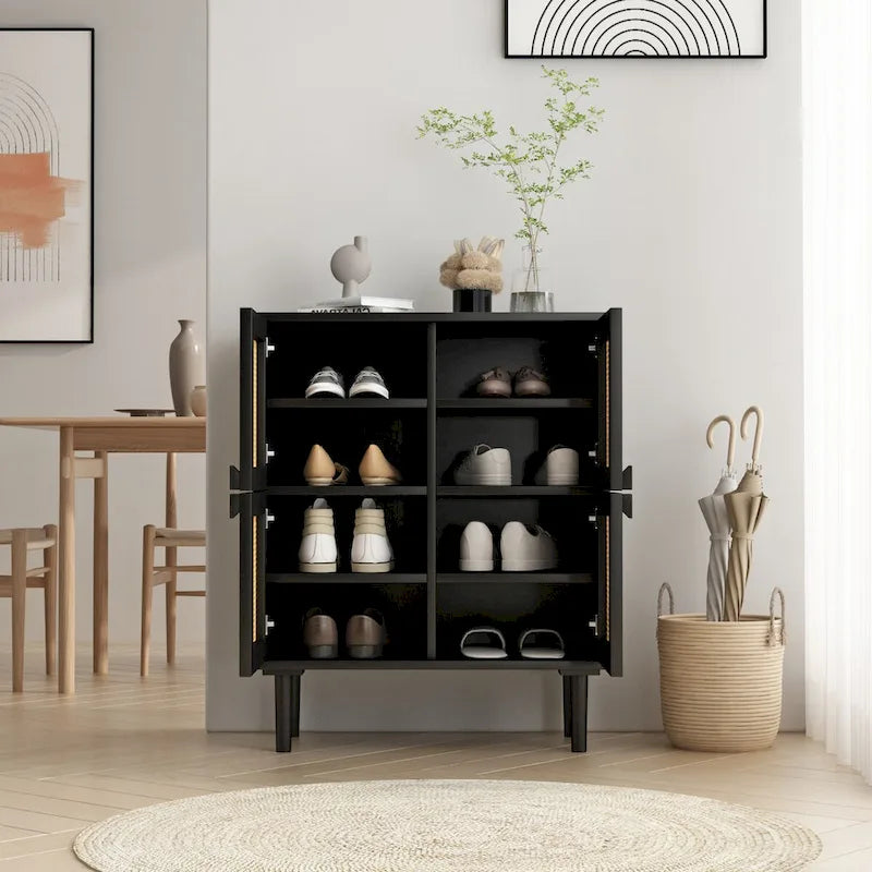 4-Door Rattan Mesh Shoe Cabinet with Solid Wood Legs