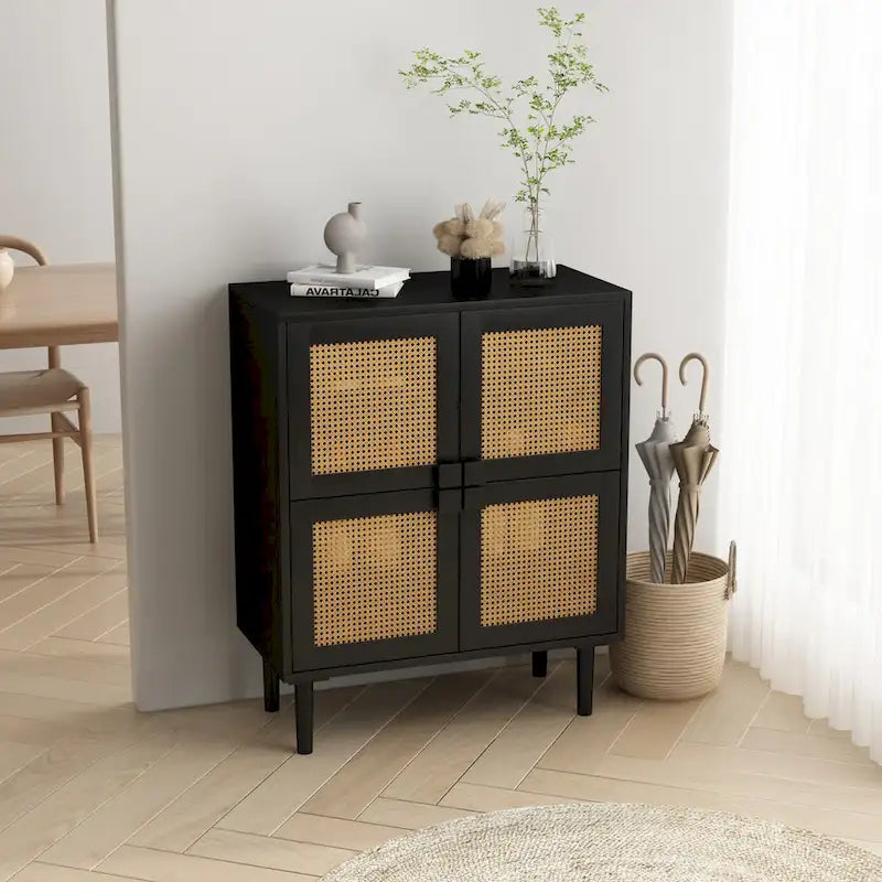 4-Door Rattan Mesh Shoe Cabinet with Solid Wood Legs