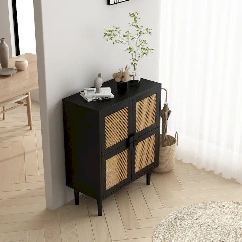 4-Door Rattan Mesh Shoe Cabinet with Solid Wood Legs
