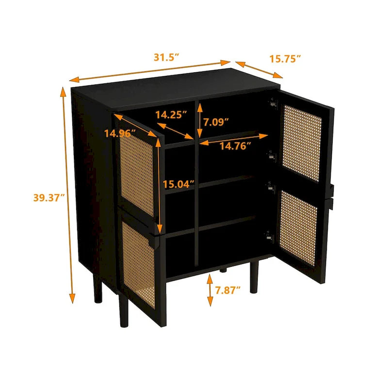 4-Door Rattan Mesh Shoe Cabinet with Solid Wood Legs