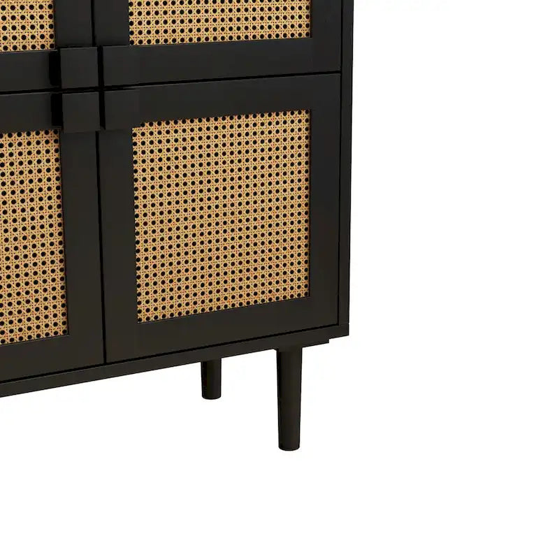 4-Door Rattan Mesh Shoe Cabinet with Solid Wood Legs