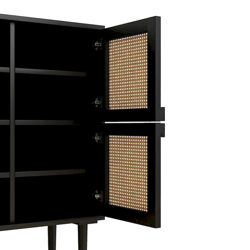 4-Door Rattan Mesh Shoe Cabinet with Solid Wood Legs