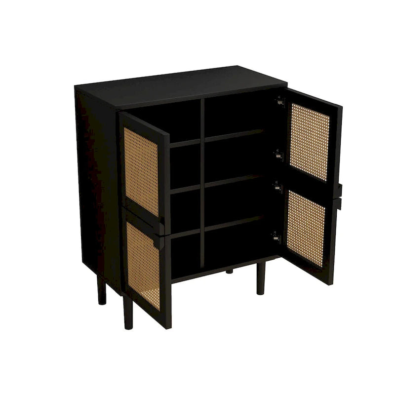 4-Door Rattan Mesh Shoe Cabinet with Solid Wood Legs