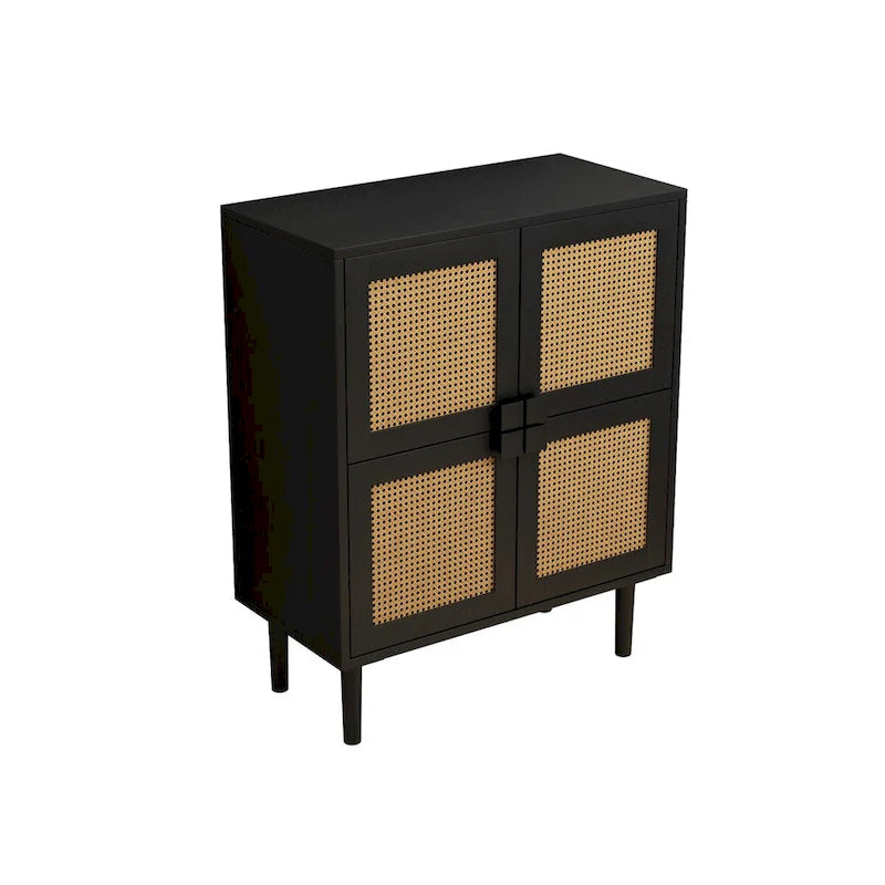 4-Door Rattan Mesh Shoe Cabinet with Solid Wood Legs