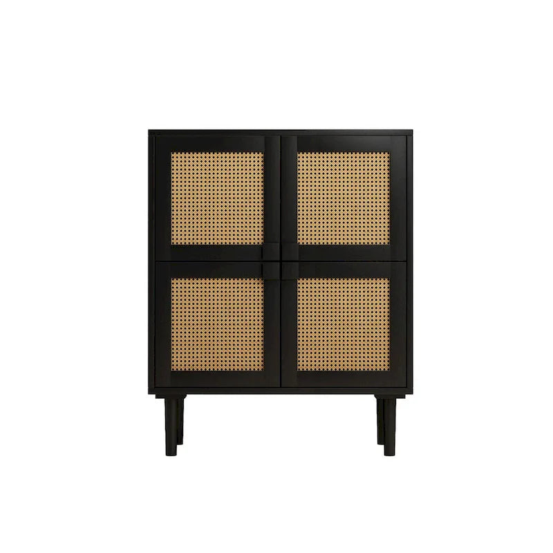 4-Door Rattan Mesh Shoe Cabinet with Solid Wood Legs