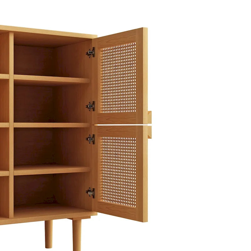 4-Door Rattan Mesh Shoe Cabinet with Solid Wood Legs