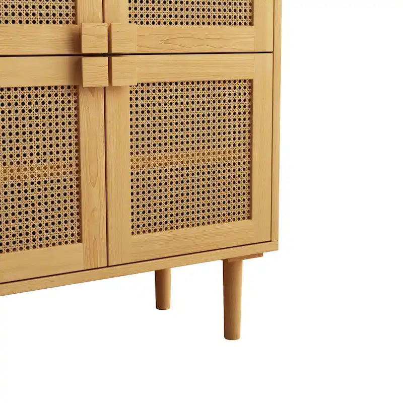 4-Door Rattan Mesh Shoe Cabinet with Solid Wood Legs
