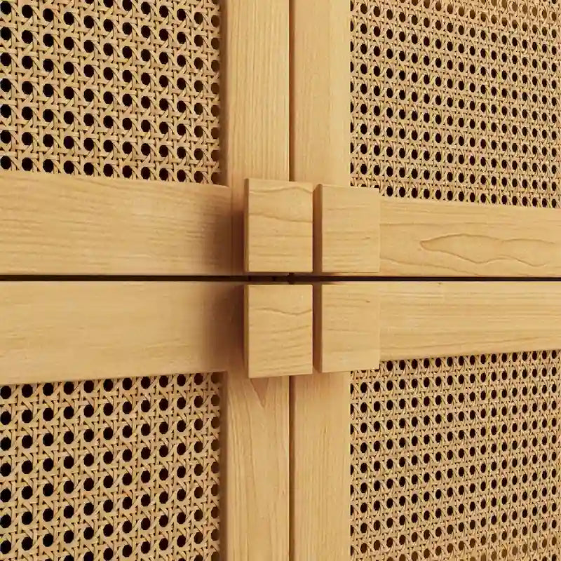4-Door Rattan Mesh Shoe Cabinet with Solid Wood Legs