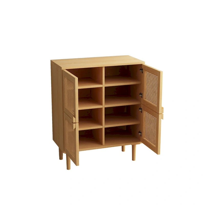 4-Door Rattan Mesh Shoe Cabinet with Solid Wood Legs