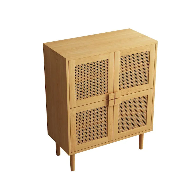 4-Door Rattan Mesh Shoe Cabinet with Solid Wood Legs