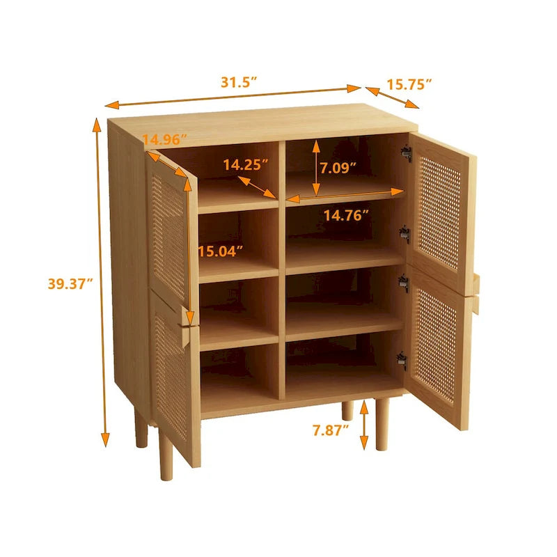 4-Door Rattan Mesh Shoe Cabinet with Solid Wood Legs