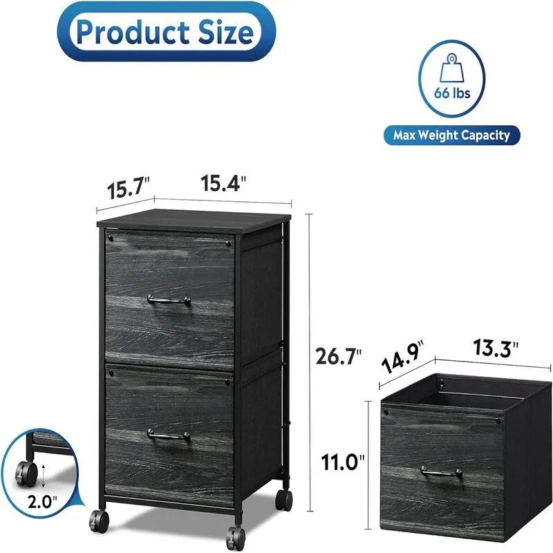 2-Drawer Rolling File Cabinet with Wood Top and Fabric Drawers