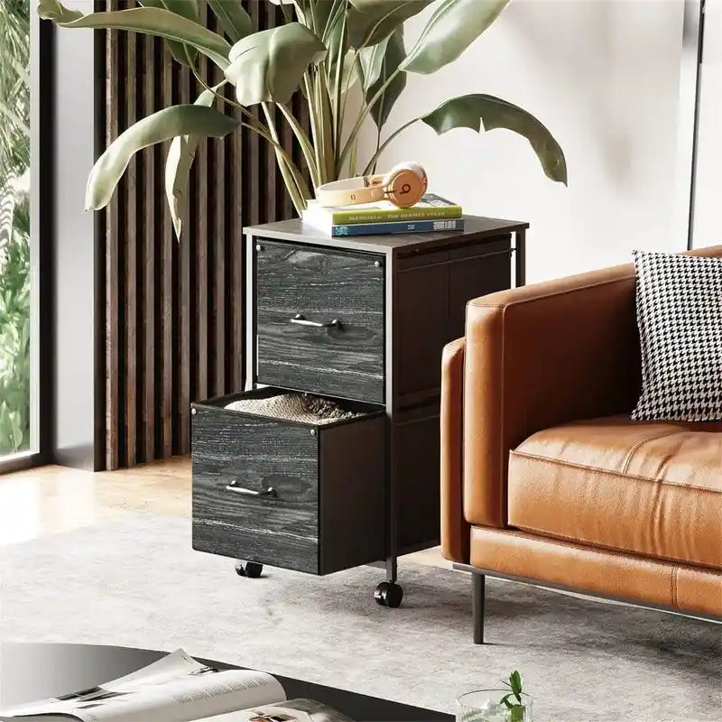 2-Drawer Rolling File Cabinet with Wood Top and Fabric Drawers