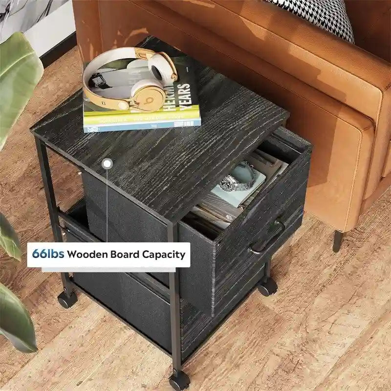 2-Drawer Rolling File Cabinet with Wood Top and Fabric Drawers