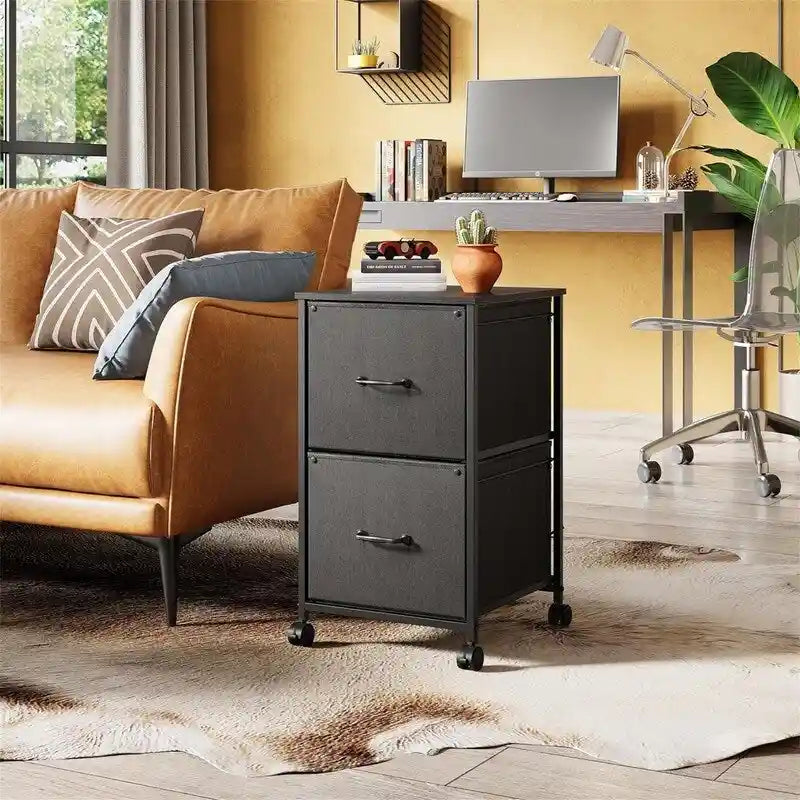 2-Drawer Rolling File Cabinet with Wood Top and Fabric Drawers