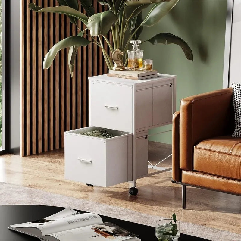 2-Drawer Rolling File Cabinet with Wood Top and Fabric Drawers
