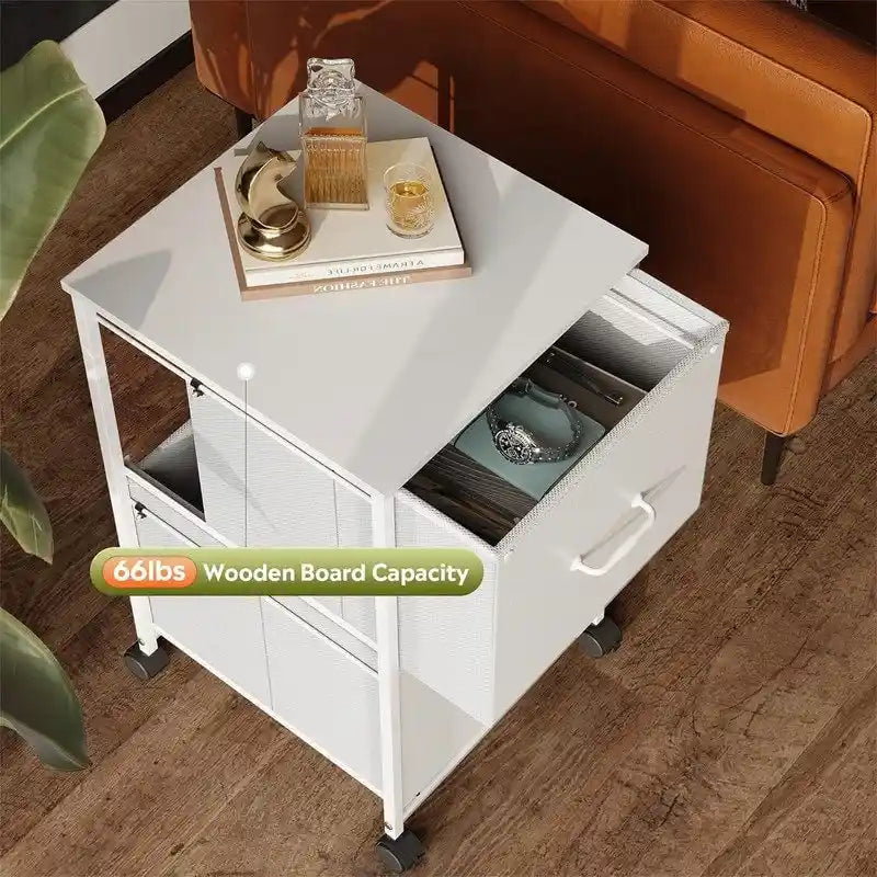 2-Drawer Rolling File Cabinet with Wood Top and Fabric Drawers