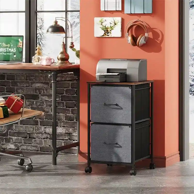 2-Drawer Rolling File Cabinet with Wood Top and Fabric Drawers