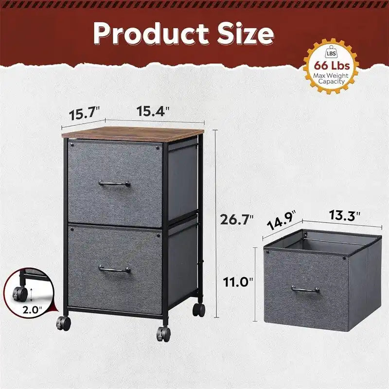 2-Drawer Rolling File Cabinet with Wood Top and Fabric Drawers