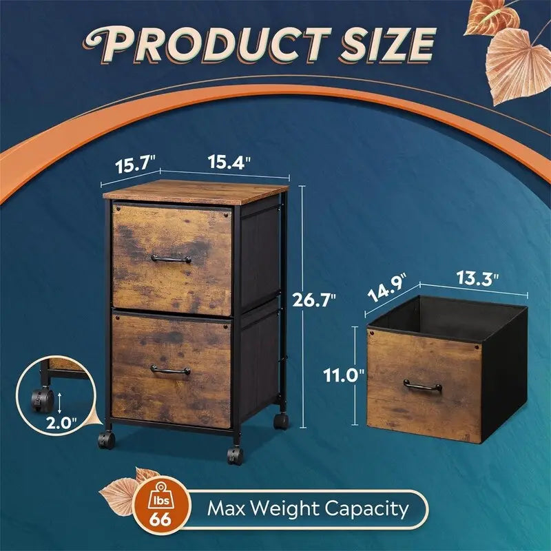 2-Drawer Rolling File Cabinet with Wood Top and Fabric Drawers