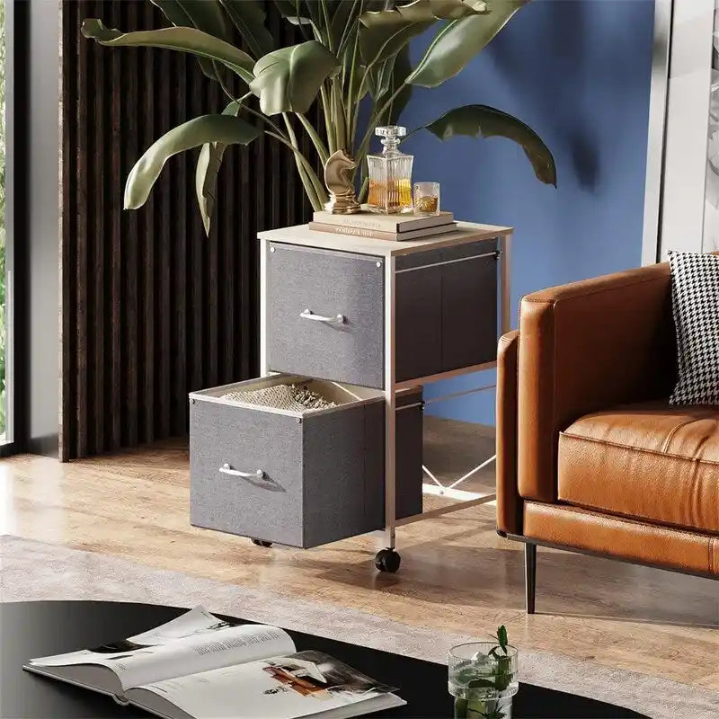 2-Drawer Rolling File Cabinet with Wood Top and Fabric Drawers