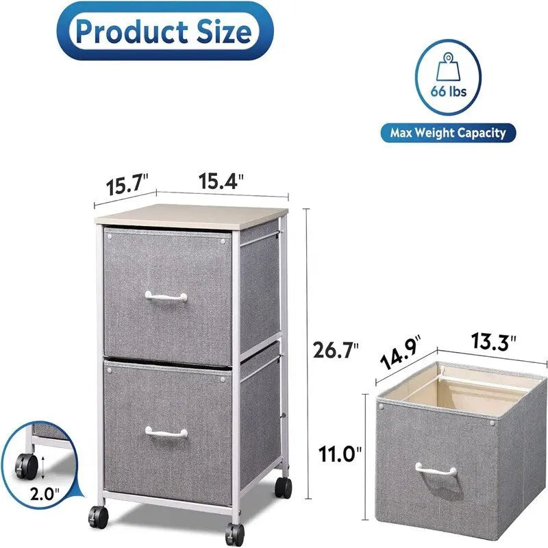 2-Drawer Rolling File Cabinet with Wood Top and Fabric Drawers