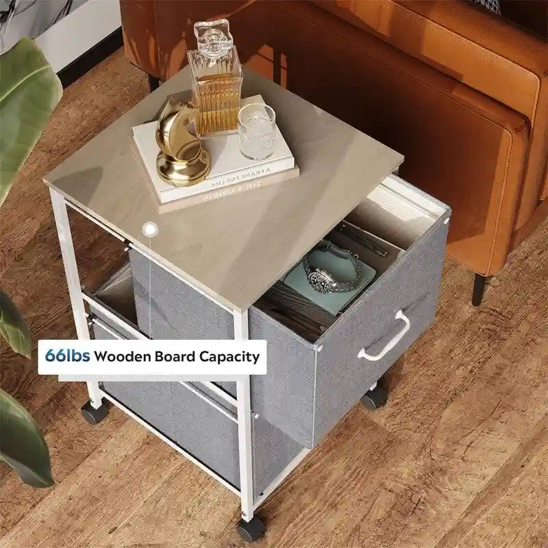 2-Drawer Rolling File Cabinet with Wood Top and Fabric Drawers