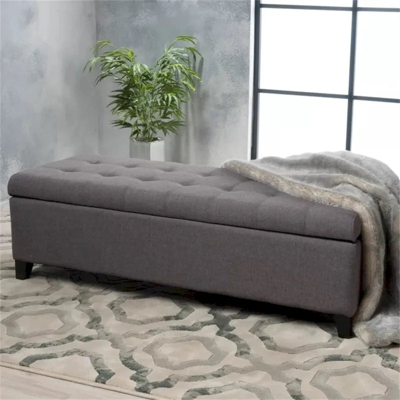 Tufted Linen Storage Bench with Wood Legs