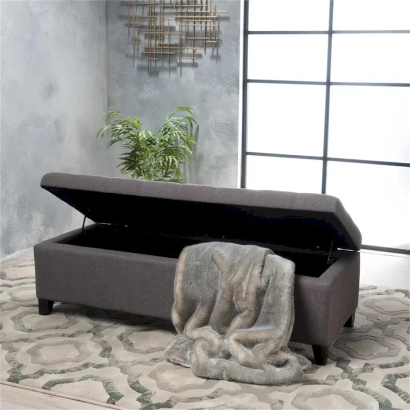 Tufted Linen Storage Bench with Wood Legs