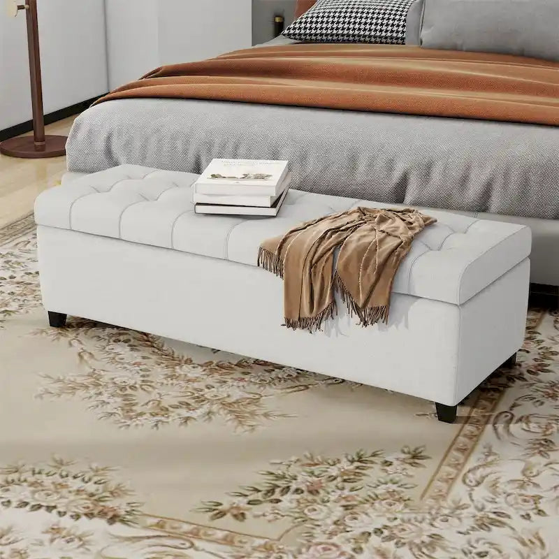 Tufted Linen Storage Bench with Wood Legs