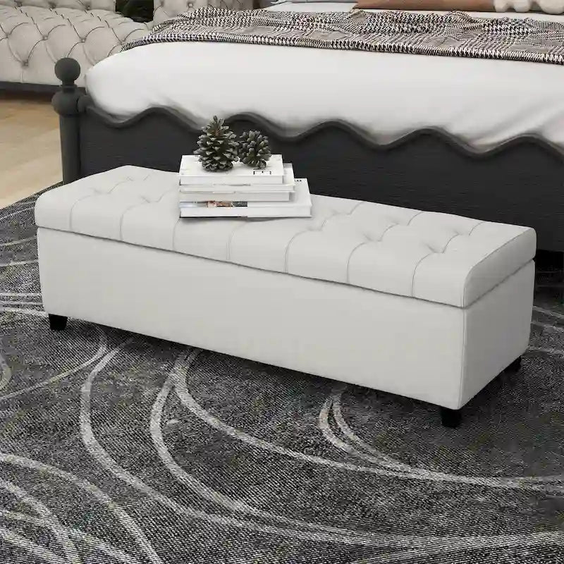 Tufted Linen Storage Bench with Wood Legs