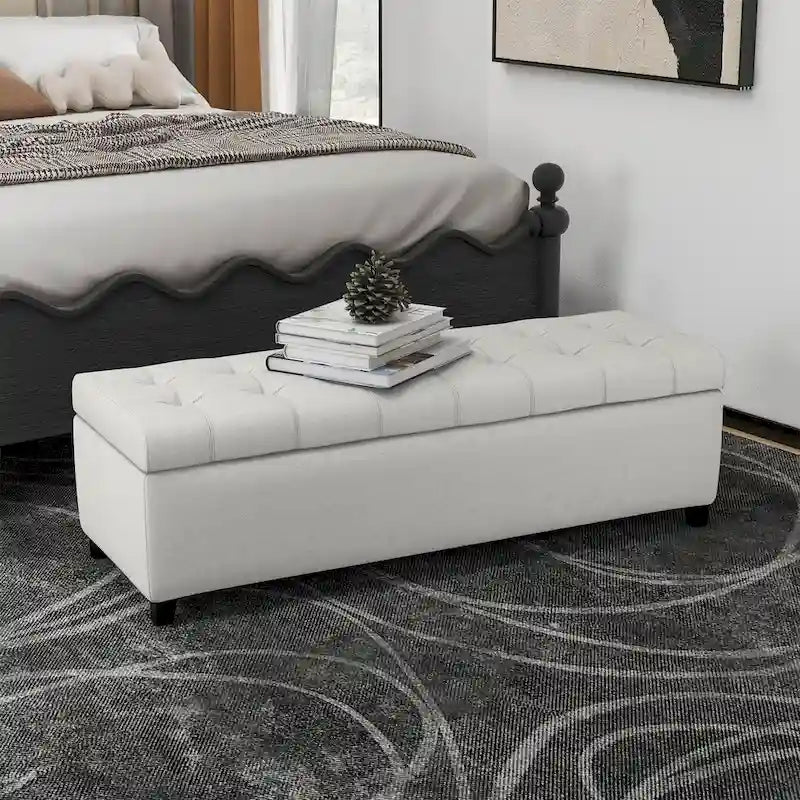 Tufted Linen Storage Bench with Wood Legs
