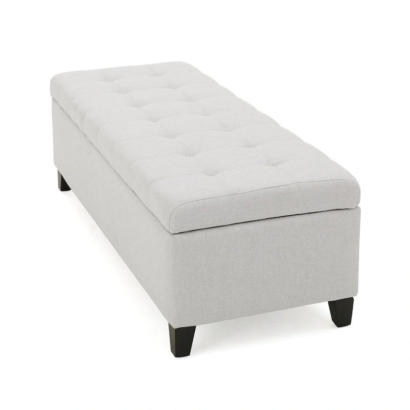 Tufted Linen Storage Bench with Wood Legs