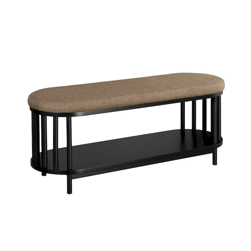 Scandinavian Style Storage Bench with Upholstered Seat and Lower Shelf in Black