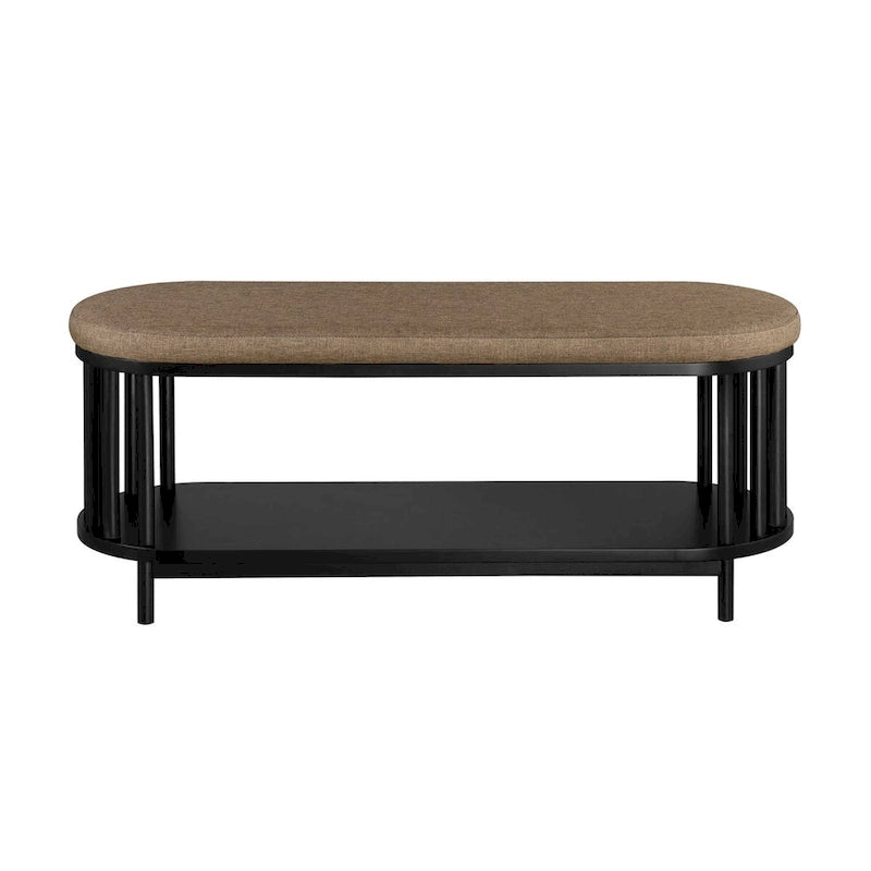 Scandinavian Style Storage Bench with Upholstered Seat and Lower Shelf in Black