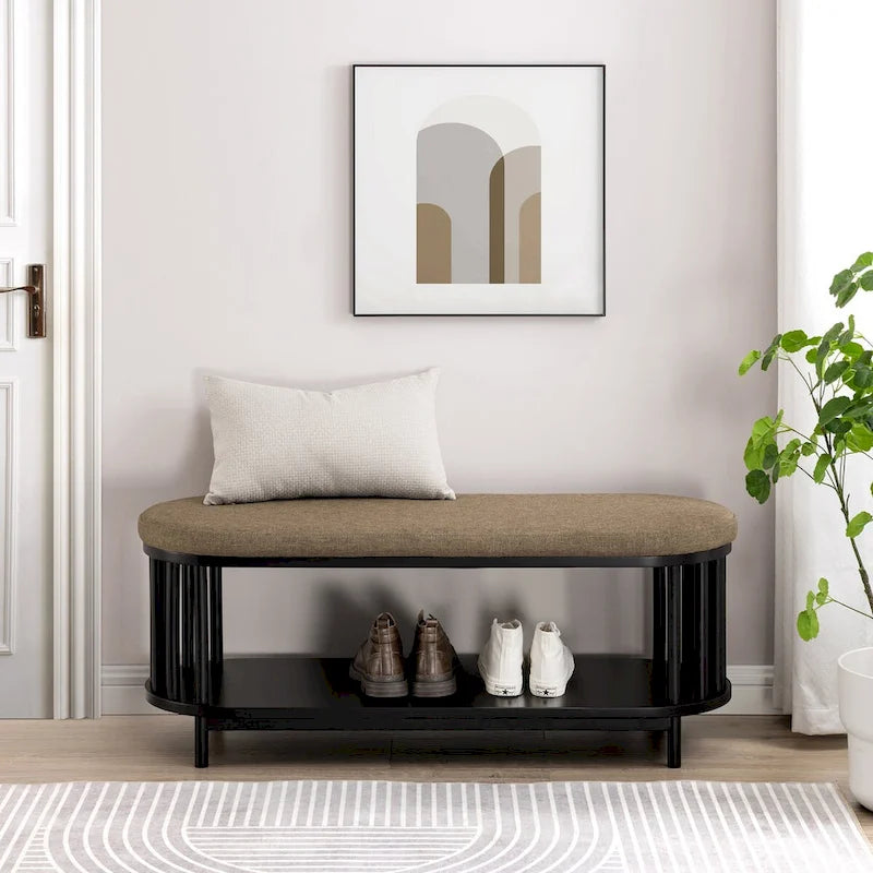 Scandinavian Style Storage Bench with Upholstered Seat and Lower Shelf in Black