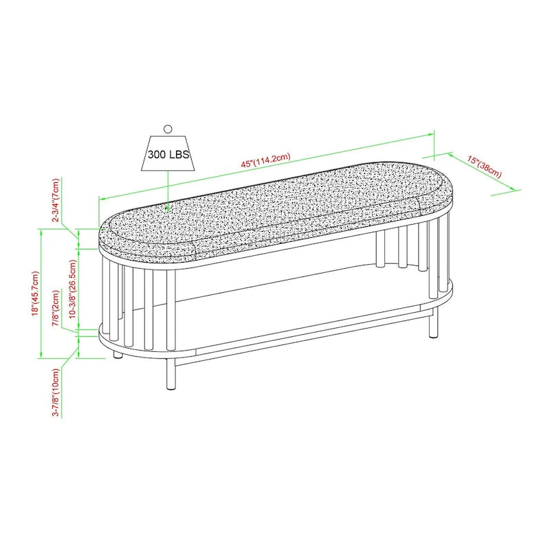 Scandinavian Style Storage Bench with Upholstered Seat and Lower Shelf in Black
