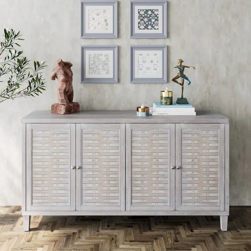4-Door Sideboard Buffet Cabinet with Woven Pattern Doors in Natural Wood Wash