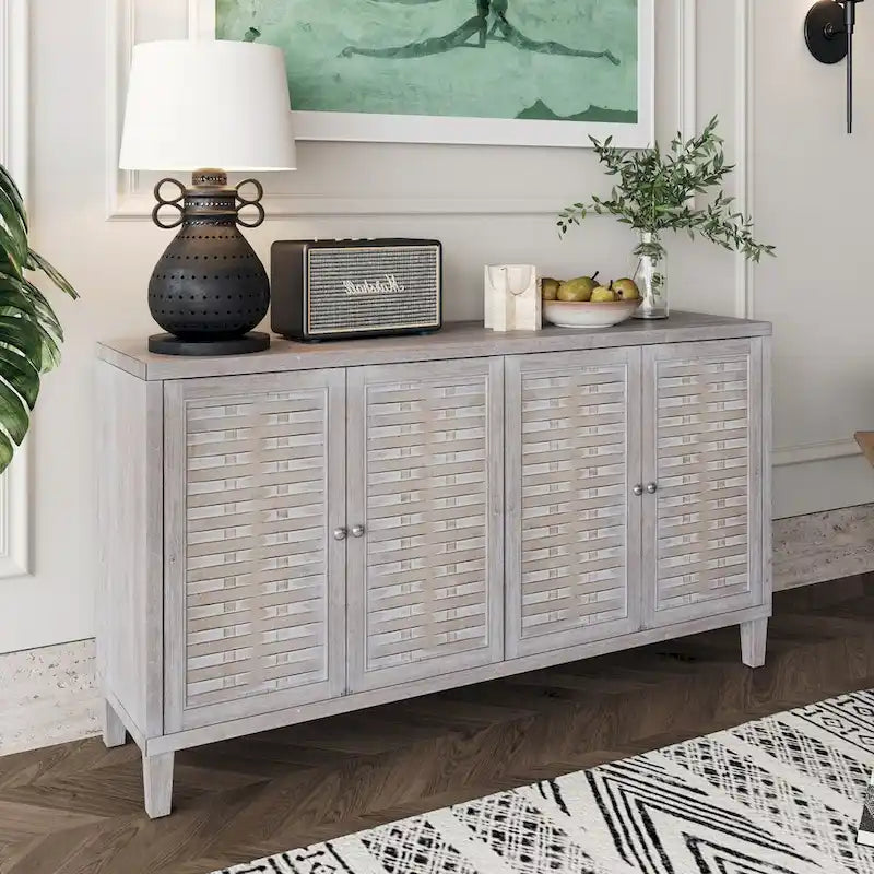 4-Door Sideboard Buffet Cabinet with Woven Pattern Doors in Natural Wood Wash