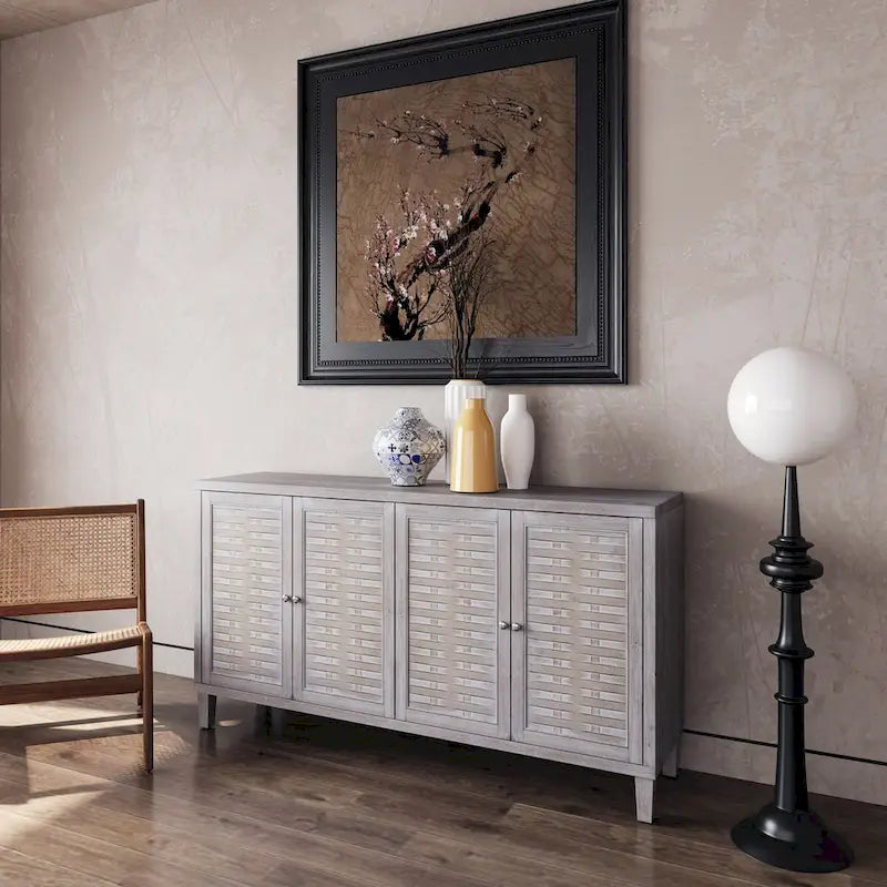 4-Door Sideboard Buffet Cabinet with Woven Pattern Doors in Natural Wood Wash