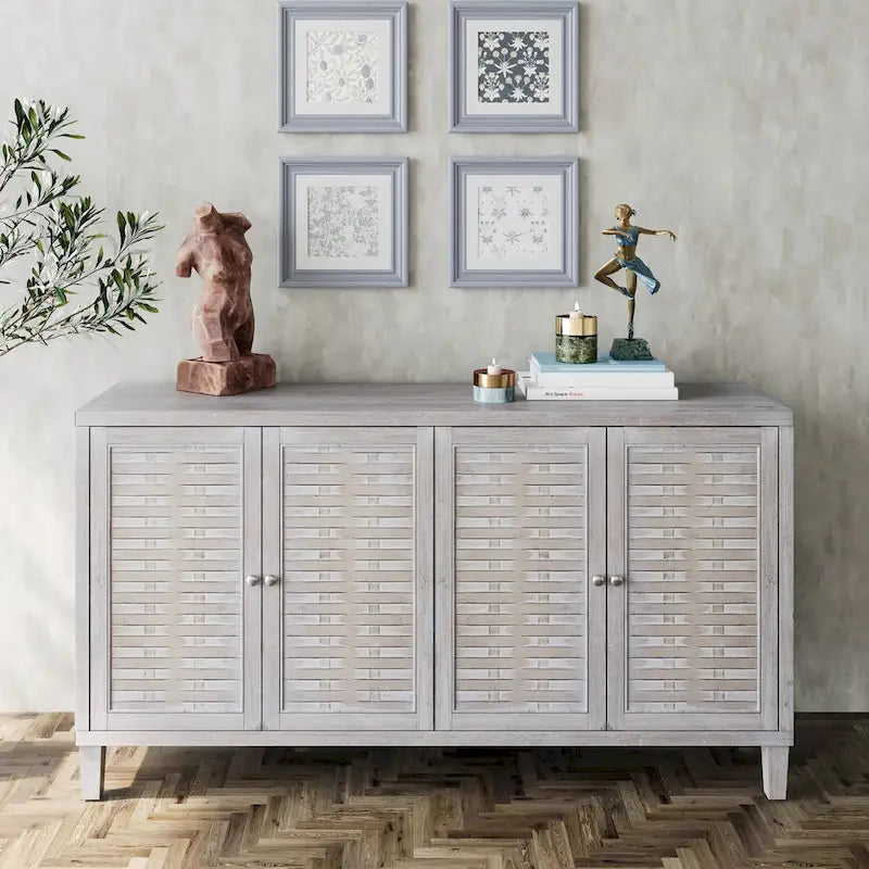 4-Door Sideboard Buffet Cabinet with Woven Pattern Doors in Natural Wood Wash