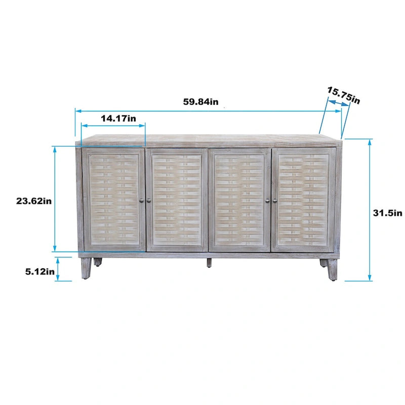 4-Door Sideboard Buffet Cabinet with Woven Pattern Doors in Natural Wood Wash